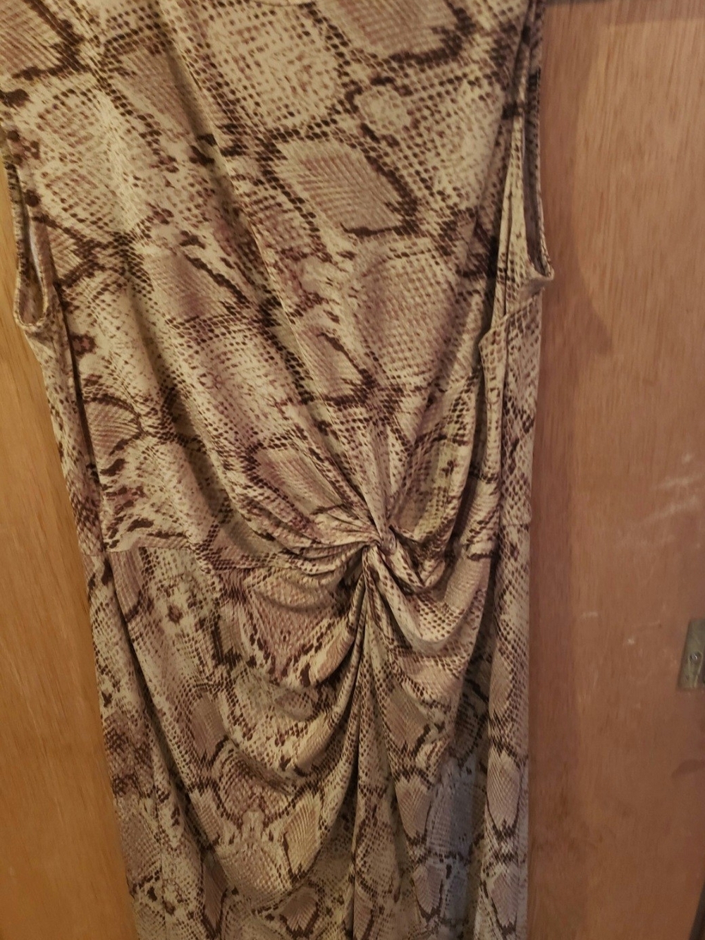 Vintage Sz 8-10 Sleeveless Brown Snake-Print Twist Waist Midi Dress - Picture 2 of 5